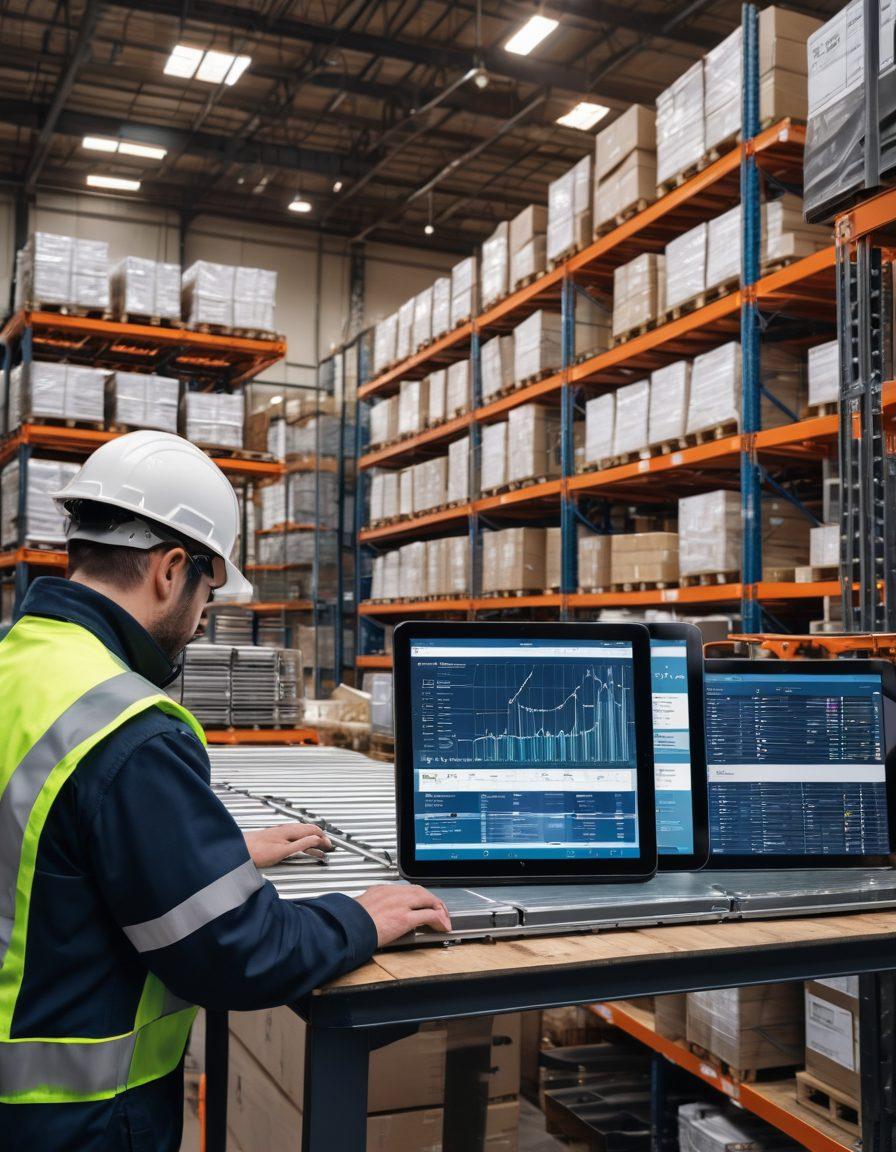 A bustling warehouse filled with neatly stacked steel beams and coils, with a foreground focus on a sleek tablet displaying inventory data. Workers in safety gear move efficiently, reflecting teamwork and order. Arrows and flowcharts subtly etched in the background to depict supply chain routes. Vibrant colors. Super-realistic.