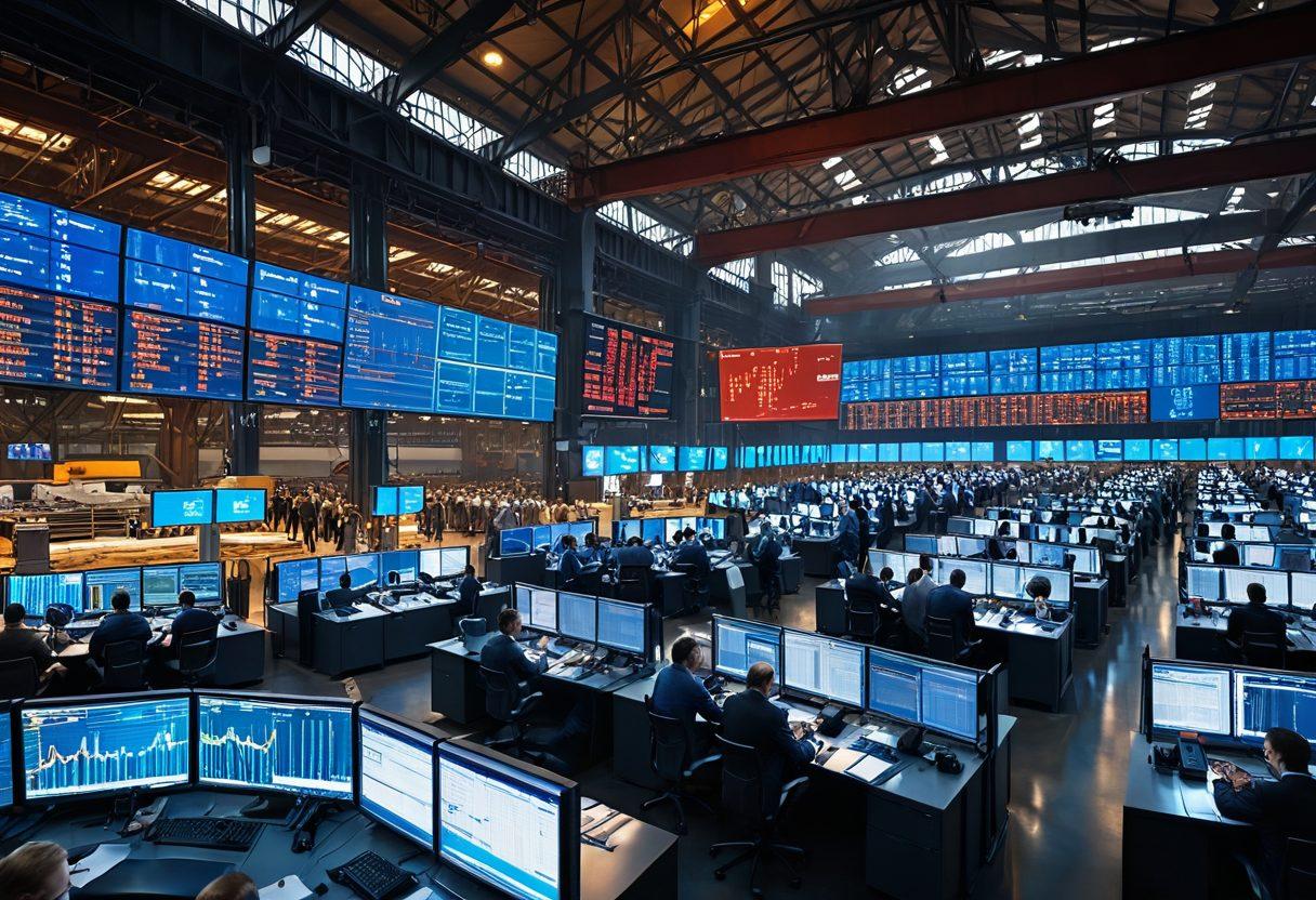 A bustling stock market floor with towering steel beams and sheets being traded, digital screens displaying fluctuating steel prices in vibrant numbers, and diverse group of traders engaged in negotiations. Steel factory imagery in the background. 3D. vivid colors. business professional theme.
