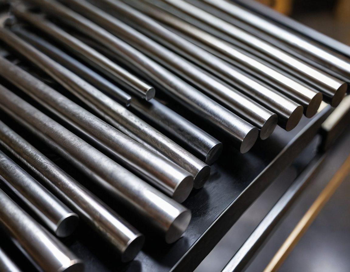 A diverse collection of steel types including shiny stainless steel and rugged carbon steel rods, displayed in a workshop setting with tools in the background. The image should show close-up details of textures and finishes, highlighting the differences between the materials. The lighting should emphasize the metallic sheen and durability of the steels. super-realistic. vibrant colors. workshop background.